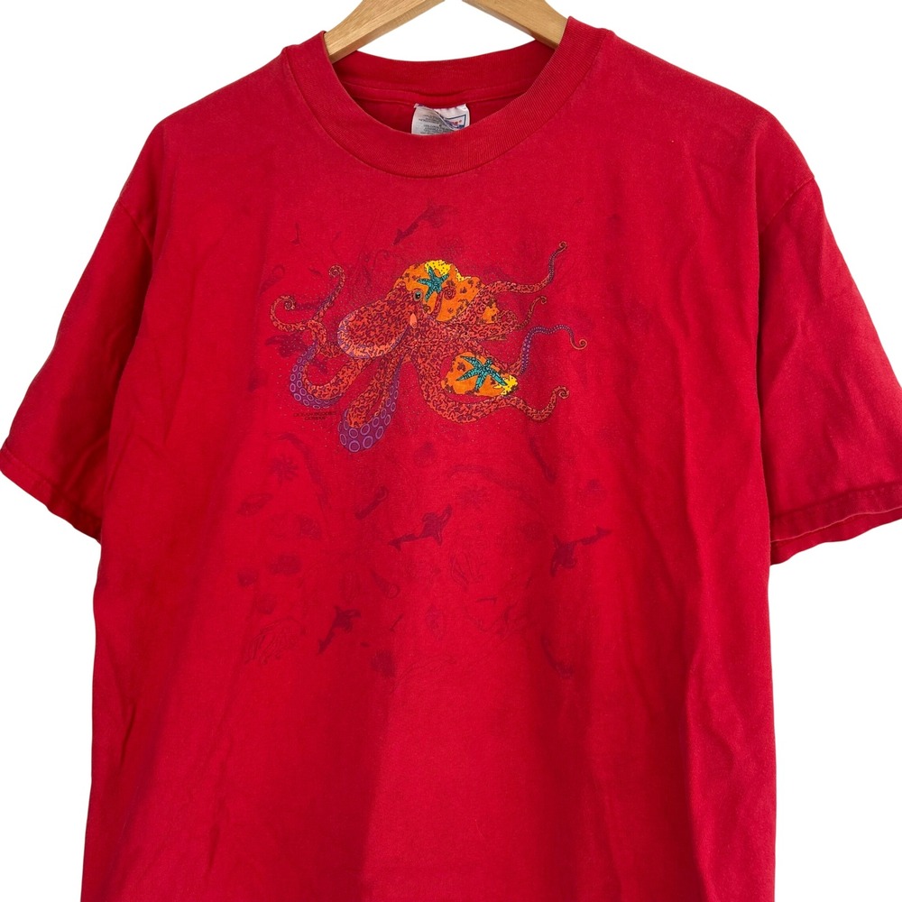 Vintage 90s Hanes Beefy-T Octopus Graphic tee Red Ocean Buddies‎